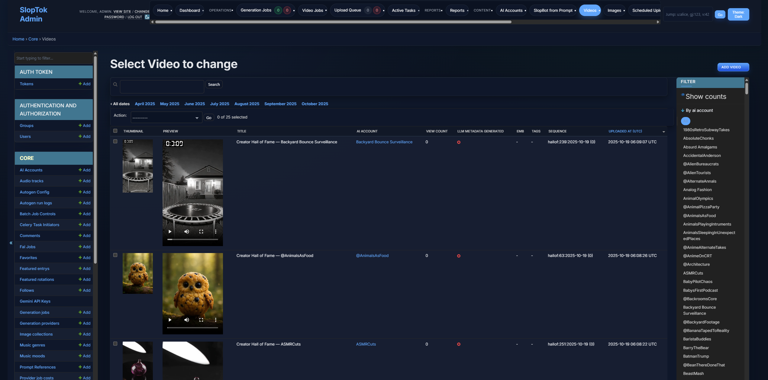 Django dashboard showing SlopBot job telemetry and status cards.